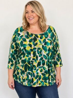 EVRI Botanical Leaf Print Stretch Knit Modern Tee Green Yellow 2X Resortwear